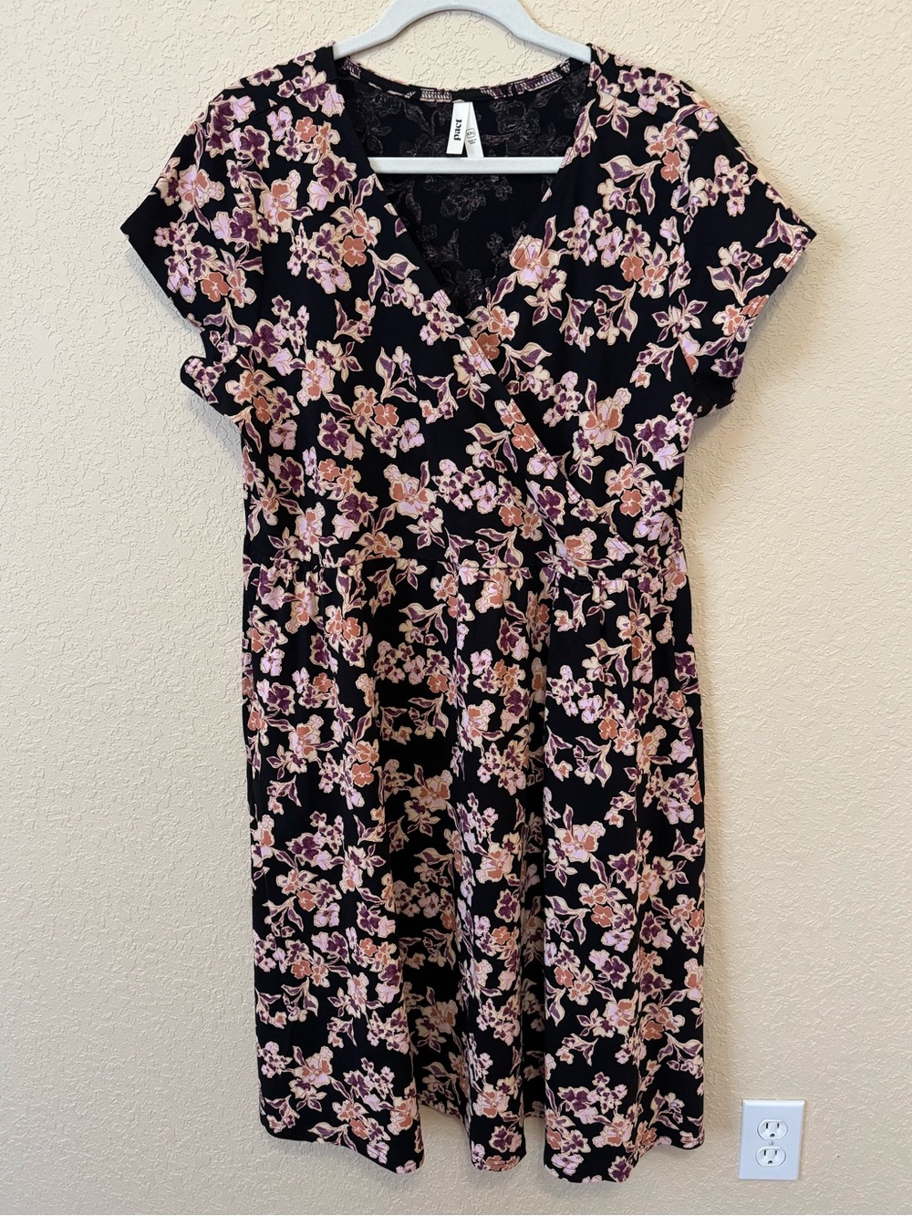 Pact Cotton Floral faux Wrap Dress - black with Pink & Cream Blossoms